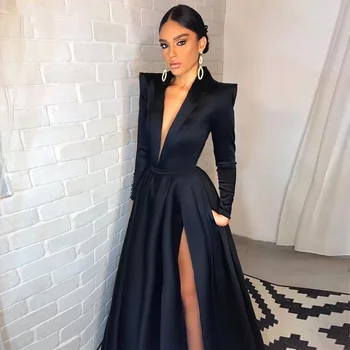 Paprastas Juodas Ilgas Meramid Vakaro Suknelės 2022 Pusės Split V-kaklo, ilgomis Rankovėmis Oficialų Promenadzie Suknelė arabų Dubajus Šalies Chalatai