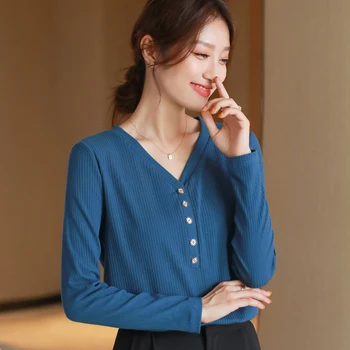 V-Kaklo Marškinėliai Moterims Dryžuotas Medvilnės 2022 M. Pavasarį Naujas Korėjos Stiliaus Marškinėliai Moteriška Ilgomis Rankovėmis Ponios Viršūnes Atsitiktinis Marškinėliai, Femme