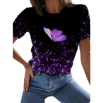 3D Purpurinis Drugelis Modelio Moterų Top High Street moteriški marškinėliai Nauji trumparankoviai Gatvės Stiliaus marškinėliai Moterims