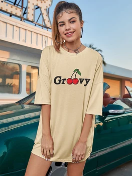 spalvos groovy vyšnių negabaritinių marškinėlius juokinga moterų grafinis tee marškinėliai 0