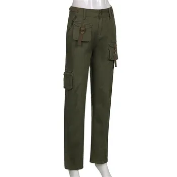 Derliaus Grunge Krovinių Džinsinio Džinsus Multi-Pocket Streetwear korėjos Derliaus 90s Žemo Liemens Kelnės Estetinės 90s Tiesios Kelnės 3