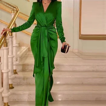 Elegantiškas, Minkštos Žaliosios Satino Undinė Vakaro Suknelės Sexy V Kaklo Diržas Oficialų Prom Dresses Visą Rankovėmis drabužius de kokteilis vestidos de