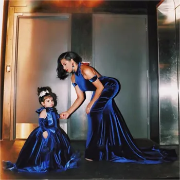 Royal Blue Gėlių mergaičių Suknelės Aksomo Lankas Peties Maža Mergaitė Vestuves Suknelė Vintage Vaikas Suknelė Photoshoot