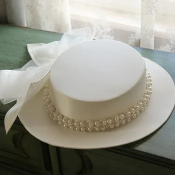Baltos spalvos Elegantiškas vestuvių Skrybėlę Retro Topper Pavasario Vasaros Mados Bowknot Perlų Apdaila Priedai Top Hat 3