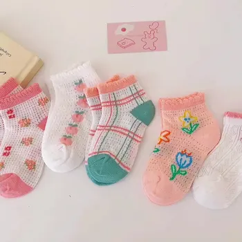 5 poros Pavasarį ir vasarą plonas dryžuotas mažų gėlių kortelės šilko akių kojinių medvilnės krašto mergaičių kojinės vaikiškos kojinės