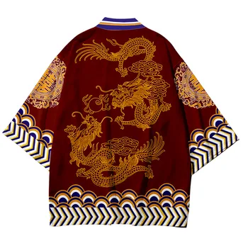 Derliaus Suaugusiųjų Kimono Viršus Japonijos Samurajų Cosplay Kostiumai, Vasaros Naujos Moterų, Vyrų Marškinėliai Streetwear Spausdinti Dragon Haori Cardigan
