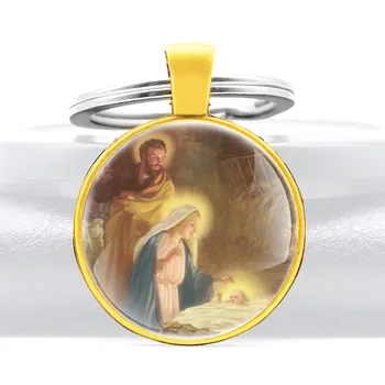 Aukso Spalva, kai Jėzus gimė Dizaino Stiklo Cabochon Metalo Key Chain Žavesio Vyrų, Moterų, Raktų Žiedas Papuošalai Dovanos Keychains