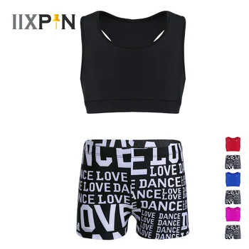 IIXPIN Mergaičių Baleto Leotard Dancewear Tankini Bakas Pasėlių Viršų su Raidėmis Atspausdintas Šortai Nuosėdos Nustatyti Treniruotės, Mankšta Komplektai
