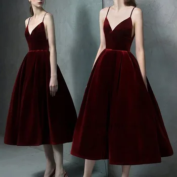 Ilgai Vakare Šalis Suknelė Sexy V Kaklo Dirželis Moterys Vasarą Plonas Elegantiškas Šalies Klubas Midi Raudonos Aksomo Suknelės 2023