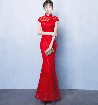 Kinijos Vestuvių Cheongsam Moterų Vasaros Suknelės Raudona Qipao Tradicija Ilgai Stiliaus Žuvies uodega