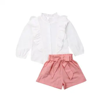 2019 Bamblys Vaikas Baby Girl Mygtuką Ilgomis Rankovėmis Viršūnes Marškinėliai, Trumpos Kelnės Apranga, Drabužiai Summer Set