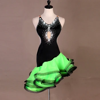 lotynų šokių suknelė moterims sambos karnavalo kostiumai salsa suknelė latina šokių kostiumai lotynų šokių drabužiai moterims, žalia backless blizgančiais