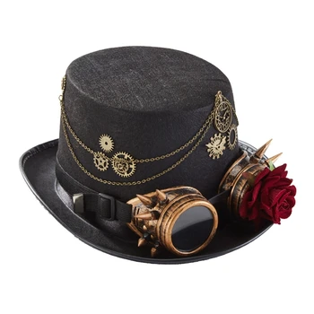 E9LC Derliaus Steampunk Viršų Skrybėlę Su Akiniais Gėjų Top Hat, Black Helovinas Top Hat 1