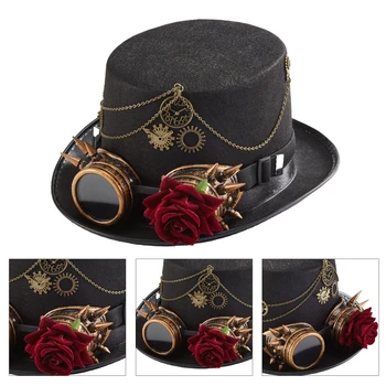 E9LC Derliaus Steampunk Viršų Skrybėlę Su Akiniais Gėjų Top Hat, Black Helovinas Top Hat 3