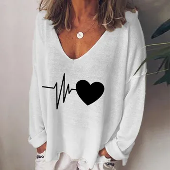 Plius Dydis Moterų Top Atsitiktinis Palaidų Meilė Širdies Spausdinti V-Kaklo marškinėliai Mados Megztinis Viršuje Moterų Tshirts Beach Namų Moterų Drabužiai