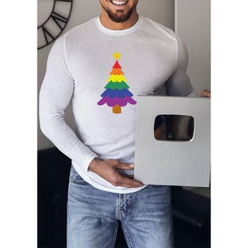 Rheaclot Rainbow Eilutę Kalėdų Eglutė Spausdinimo vyriški Laisvalaikio Ilgas Rankovėmis Marškinėliai