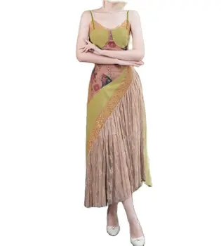 Gėlių Nėrinių Susiuvimo Maxi Suknelė Moterims Vasarą Prancūzijos Style Bohemian Prašmatnus Nereguliarus Suspender Dirželis Ilga Suknelė Vakare Šalies Skraiste