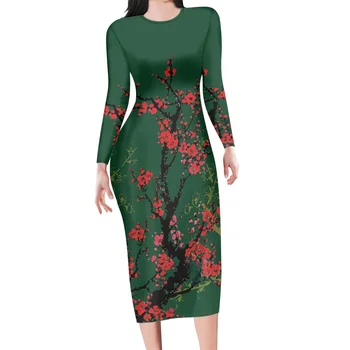 Elegantiškas Moterų Didelio Dydžio Suknelė Kinų Stiliaus Kietosios Spalvos Su Gėlių Spausdinti Ilgas Sijonas Ilgomis Rankovėmis Apvalios Kaklo Pavasario Drabužių