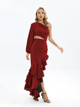 VC Raudona Undinėlės Suknelė Moterims, Elegantiškas Ir Prašmatnus Pynimas Dizaino ilgomis Rankovėmis Kokteilių Suknelė 2022 M. Rudens Žiemos Naujos Mados 4