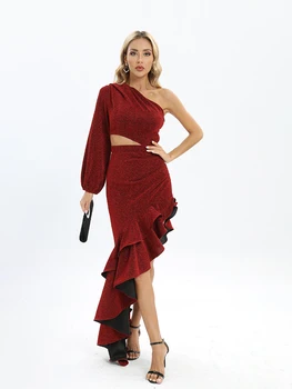 VC Raudona Undinėlės Suknelė Moterims, Elegantiškas Ir Prašmatnus Pynimas Dizaino ilgomis Rankovėmis Kokteilių Suknelė 2022 M. Rudens Žiemos Naujos Mados 5