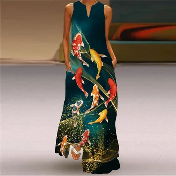 Seksualus V-kaklo, Rankovių Moterims-line Šalis Suknelės Vasaros Mados 3D Spausdinimo Slim Ilga Suknelė Ponios Atsitiktinis Kišenėje Boho Vestidos