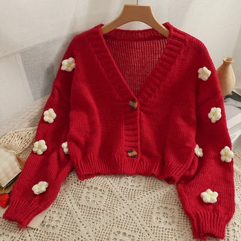 Susagstomi megztiniai Visas rungtynes, saldus stilius trumpą dviejų mygtukų megzti megztinis moterims trimatis gėlių mažai-kaklo, ilgomis rankovėmis megztinis