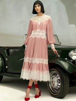 Aukštos Kokybės 2022 M. Pavasarį, Rudenį Naujų Moterų Midi Suknelė Dizaineris Mados Elegantiškas Šalis ilgomis Rankovėmis Nėrinių Kratinys Plisuotos Suknelė