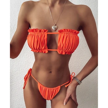 Seksualus Bikini 2021 Plisuotos Bandeau maudymosi kostiumėlį Moterų maudymosi Kostiumėliai Moterims, Mini Diržas Bikini Komplektas Bather Plaukimo Paplūdimio Maudymosi Kostiumas 5