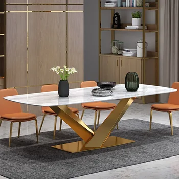 Roko plokštė valgomojo stalas, paprastas stačiakampio formos, šviesos, prabangų, nerūdijančio plieno, valgomasis stalas ir kėdės high-end villa baldai