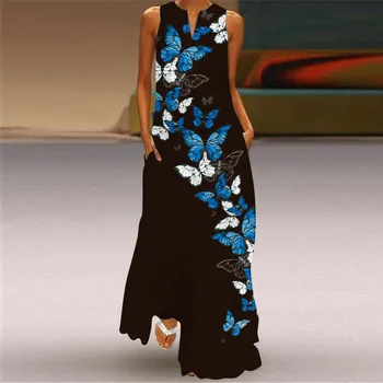 Drugelis Spausdinti Elegantiška Juoda Suknelė 2022 Nauji Ilgi Atsitiktinis Plius Dydis Vasaros Suknelės Moteris Rankovių Merginų Paplūdimio Maxi Sundress 5XL