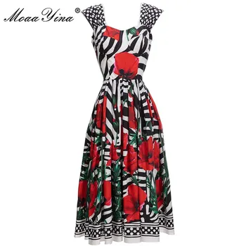 MoaaYina Mados Dizaineris suknelė Rudenį Moterų Suknelė be Rankovių Aukštos juosmens Zebras Dryžuotas Gėlių Spausdinti Derliaus Šalis Suknelė