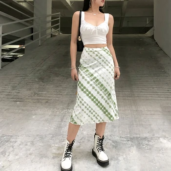 Moterų Pavasario Aukšto Juosmens Harajuku Estetinės Žalia Tie Dažai Dot Dryžuotas Spausdinti Midi Sijonas Paketo Klubo Ilgi Tiesūs Streetwear 0