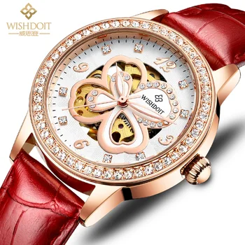 WISHDOIT Ponios Mechaninė Žiūrėti Diamond Veido Rinkimo Vandeniui Šviesos Keturių Lapų Dobilų Kvarco elegantiškas žiūrėti mergina Reloj Mujer